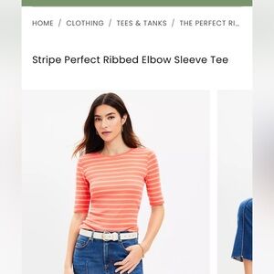 LOFT STRIPED PERFECT RIBBED ELBOW SLEEVE TEE ORANGE AND CORAL STRIPE SIZE LP